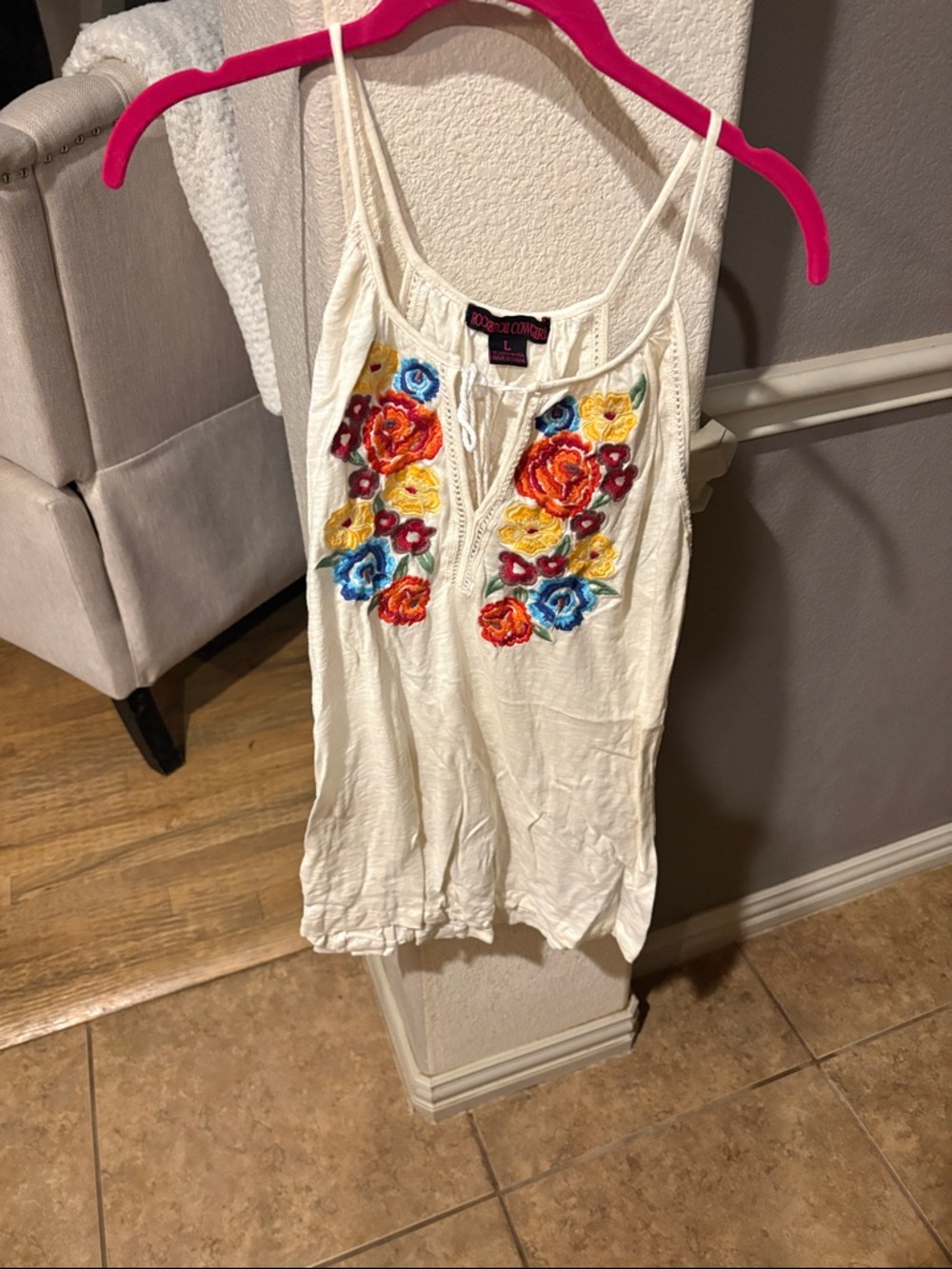 Boho Embroidered Cream Tank Top with Multicolor Floral Detail